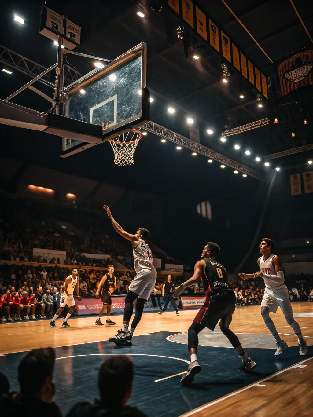 An action shot of a basketball game, showing players in motion and the ball in mid-air. This image symbolizes the basketball betting options on GGBBBET.