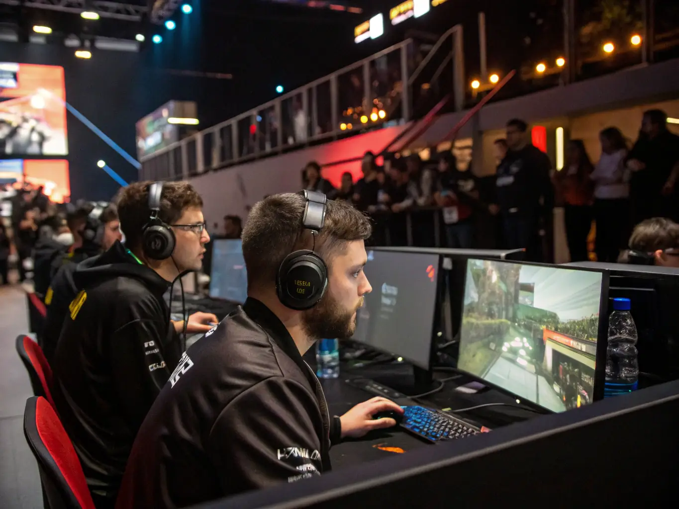 A high-energy image featuring a Counter-Strike: Global Offensive (CS:GO) match with players in action and spectators cheering, capturing the intensity of the game.