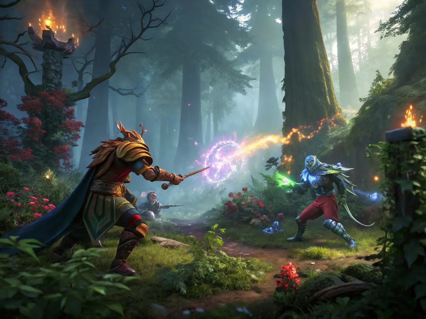 An image displaying a Dota 2 match with heroes battling in a visually stunning environment, highlighting the strategic depth and excitement of the game.