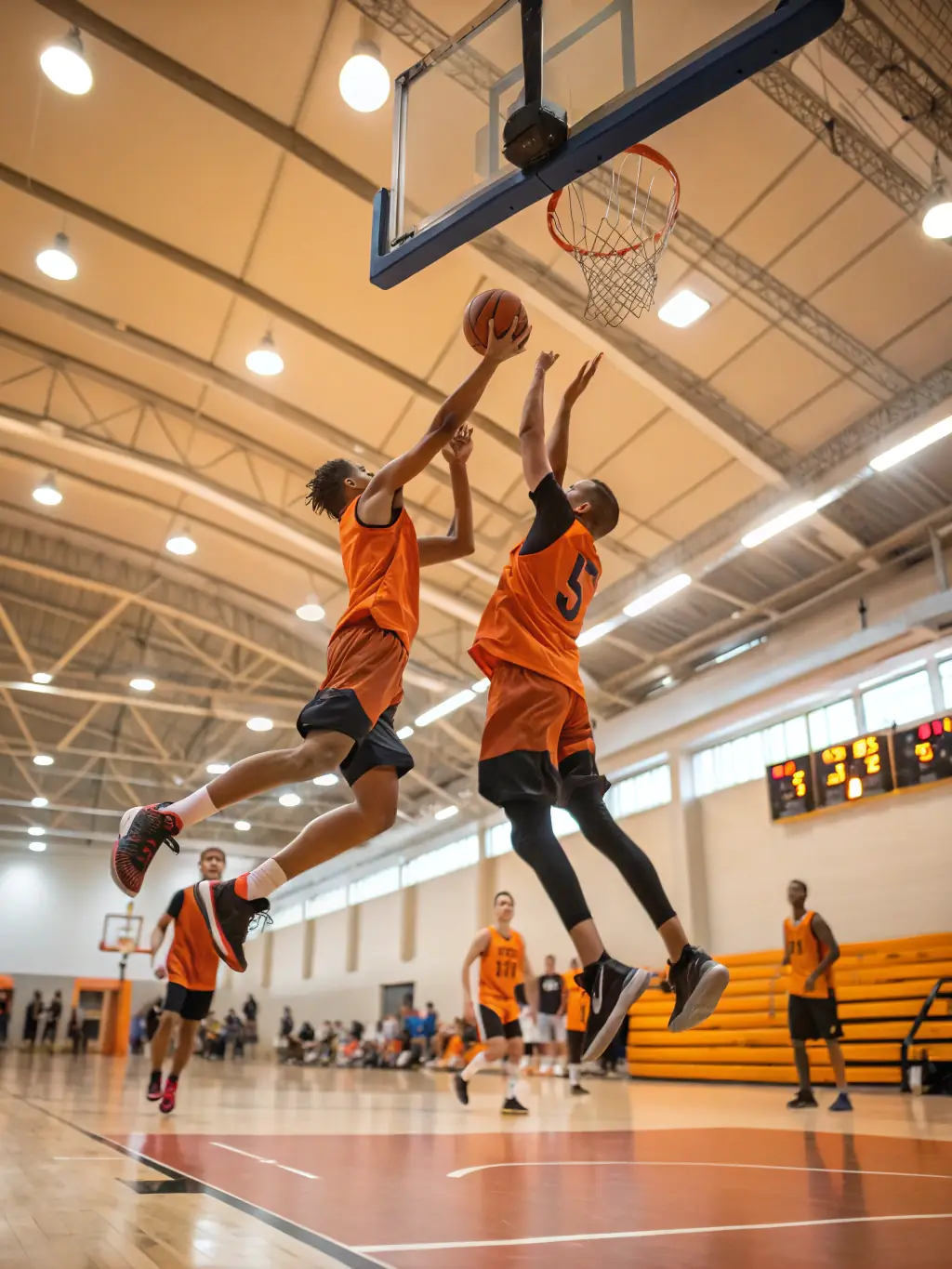 A basketball player dribbling the ball down the court, with a blurred background of cheering fans, highlighting the intensity and thrill of basketball betting on GGBBBET.