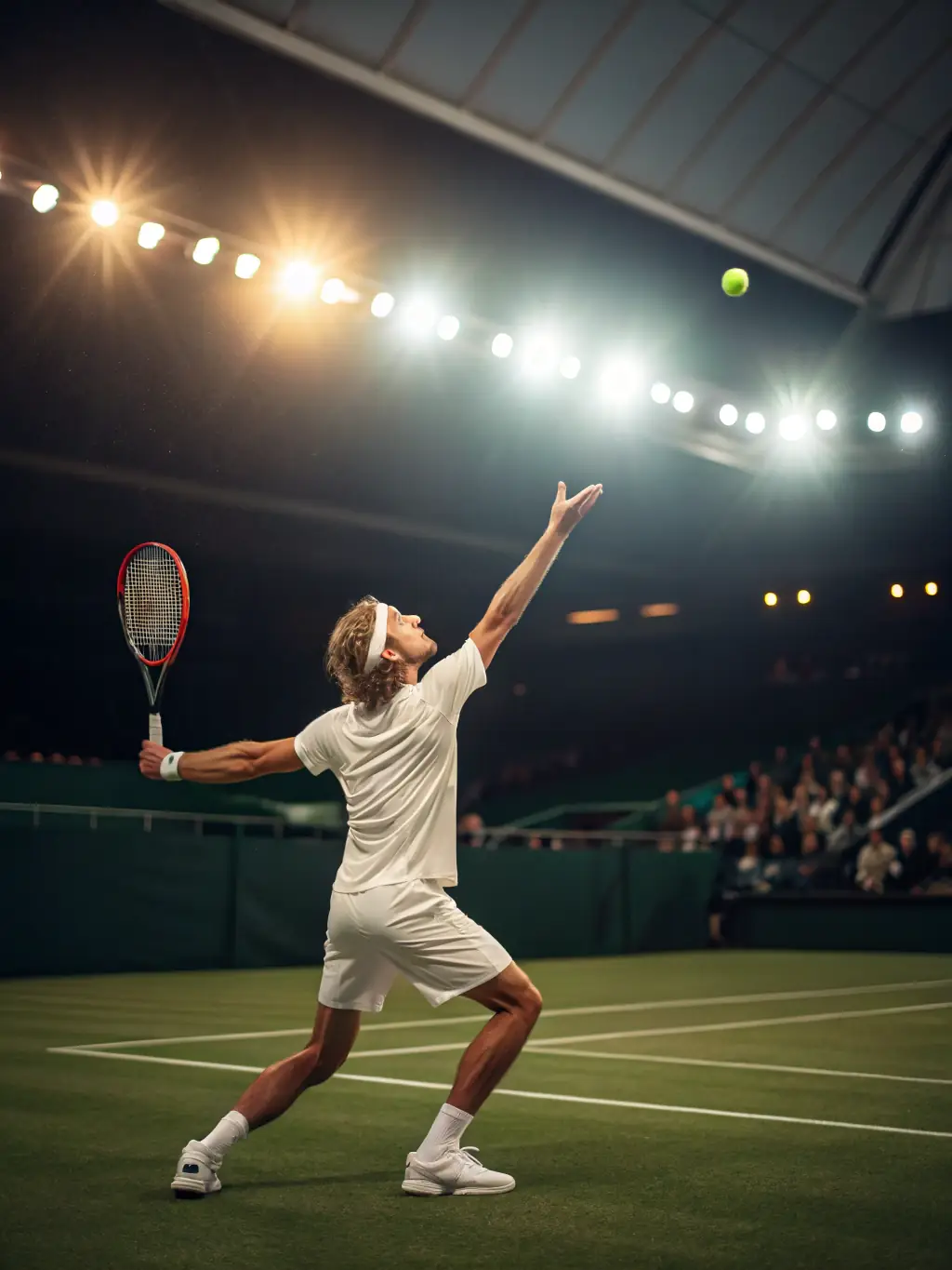 A tennis player serving the ball during a high-stakes match, showcasing the elegance and strategy of tennis, encouraging tennis betting on GGBBBET.